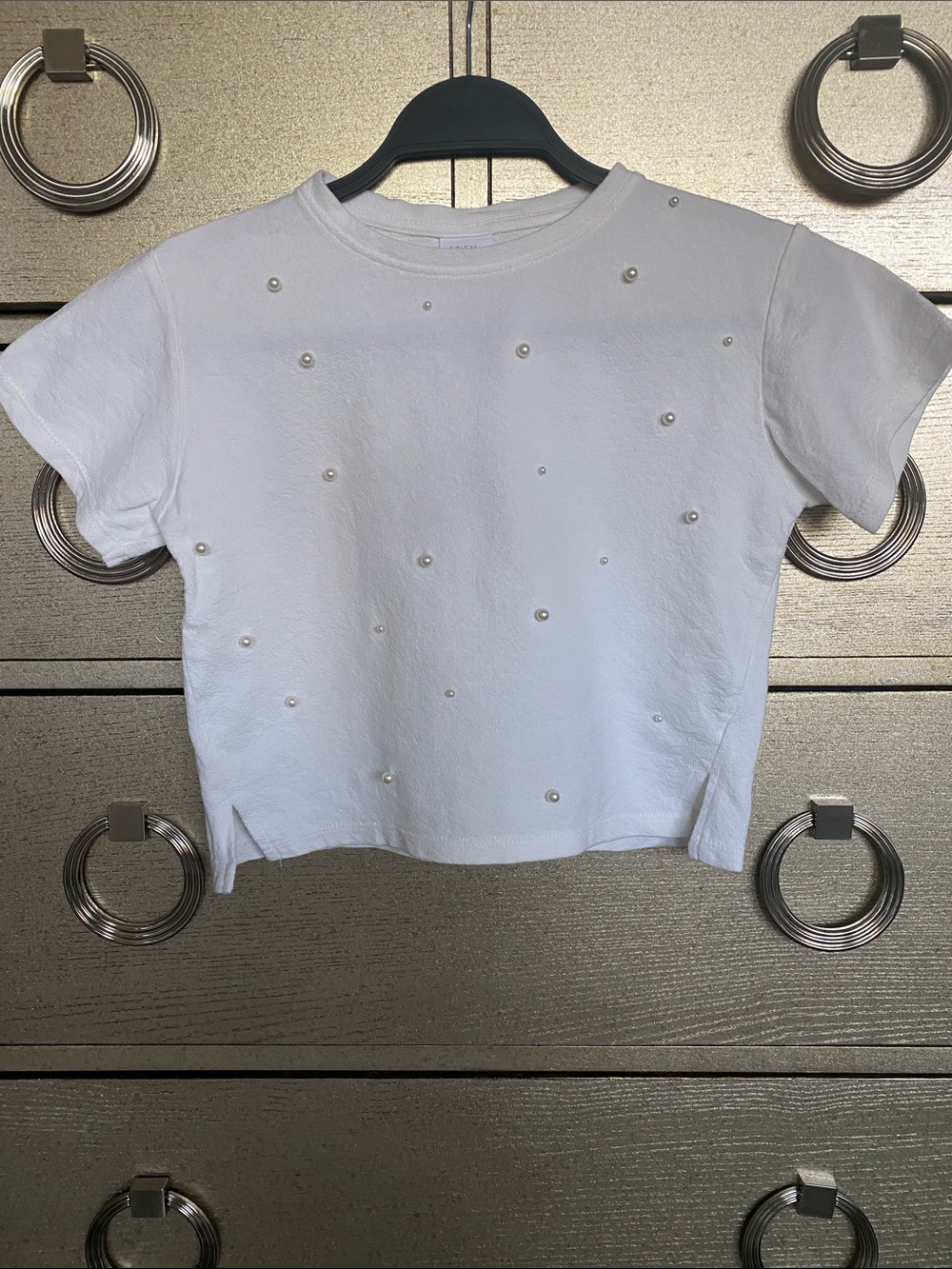 Zara White Short Sleeve Tee with Pearl Studs